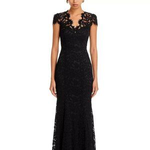NWT Eliza J Scalloped-Edge Lace Full length Gown Dress BLACK size 12 runs small
